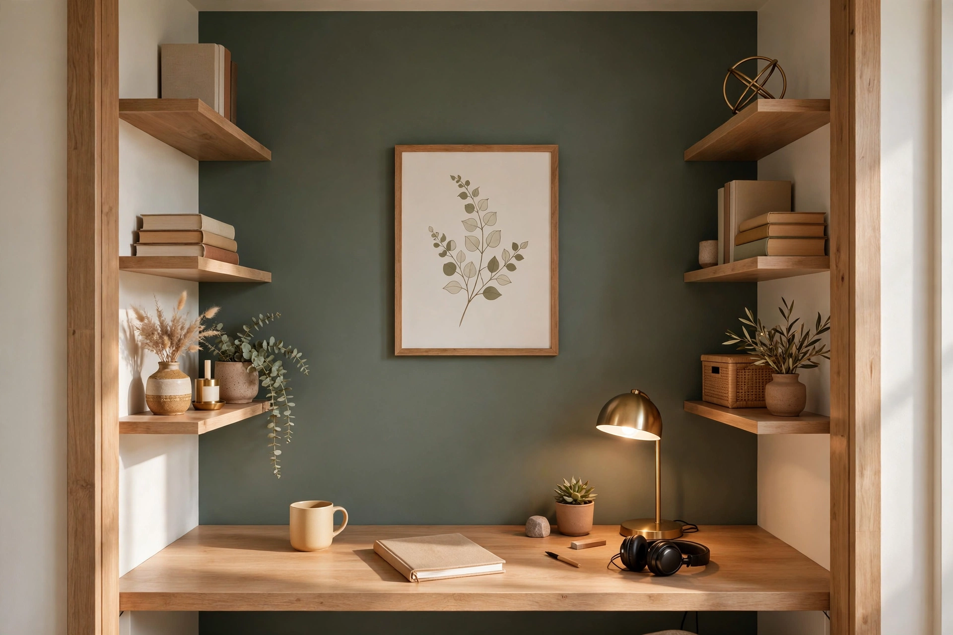 Closet office back wall styled as a video-call backdrop with art and balanced lighting