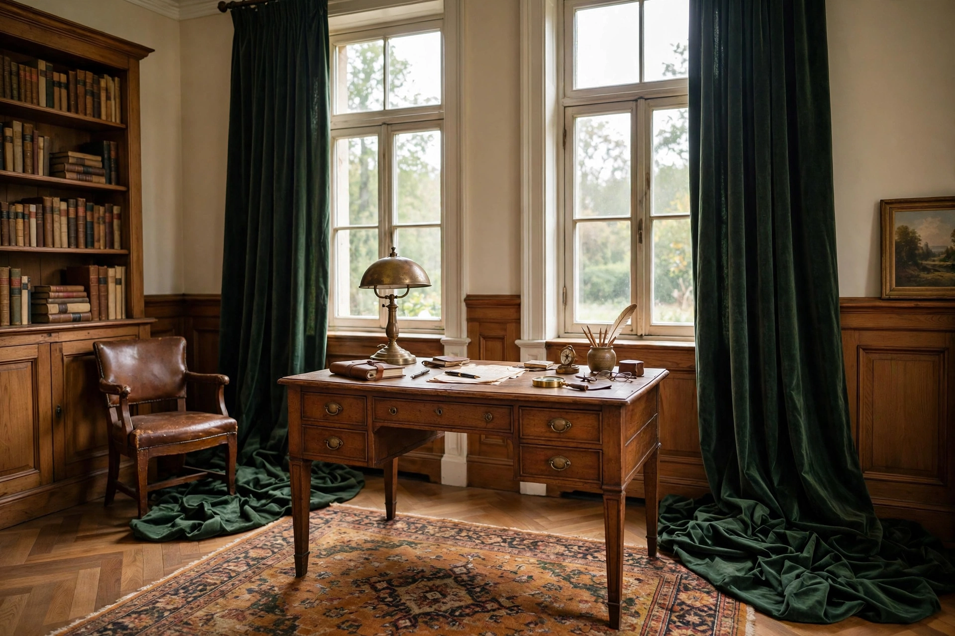 Tall windows dressed in heavy velvet drapes in a vintage home office