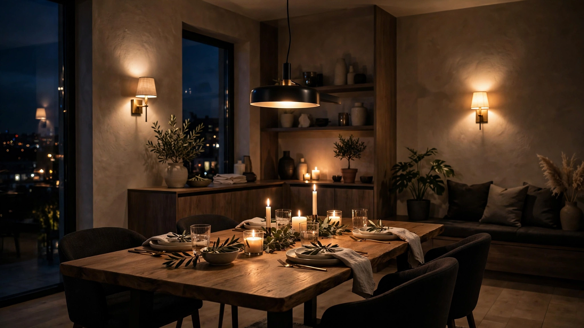 Modern dining room at night with dimmed pendant lighting and glowing candles on the table