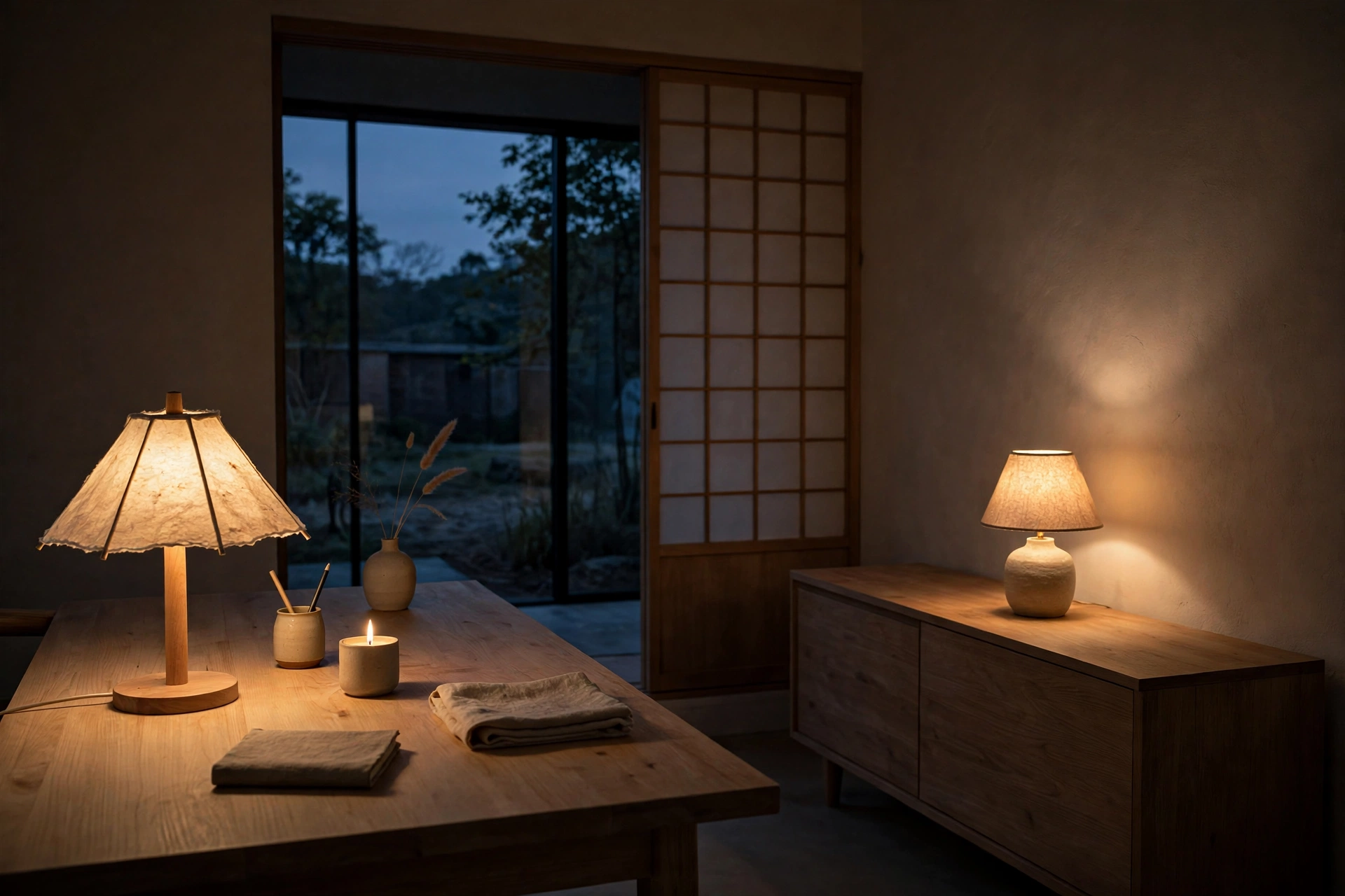 Japandi home office at dusk with warm layered lamplight and a candle