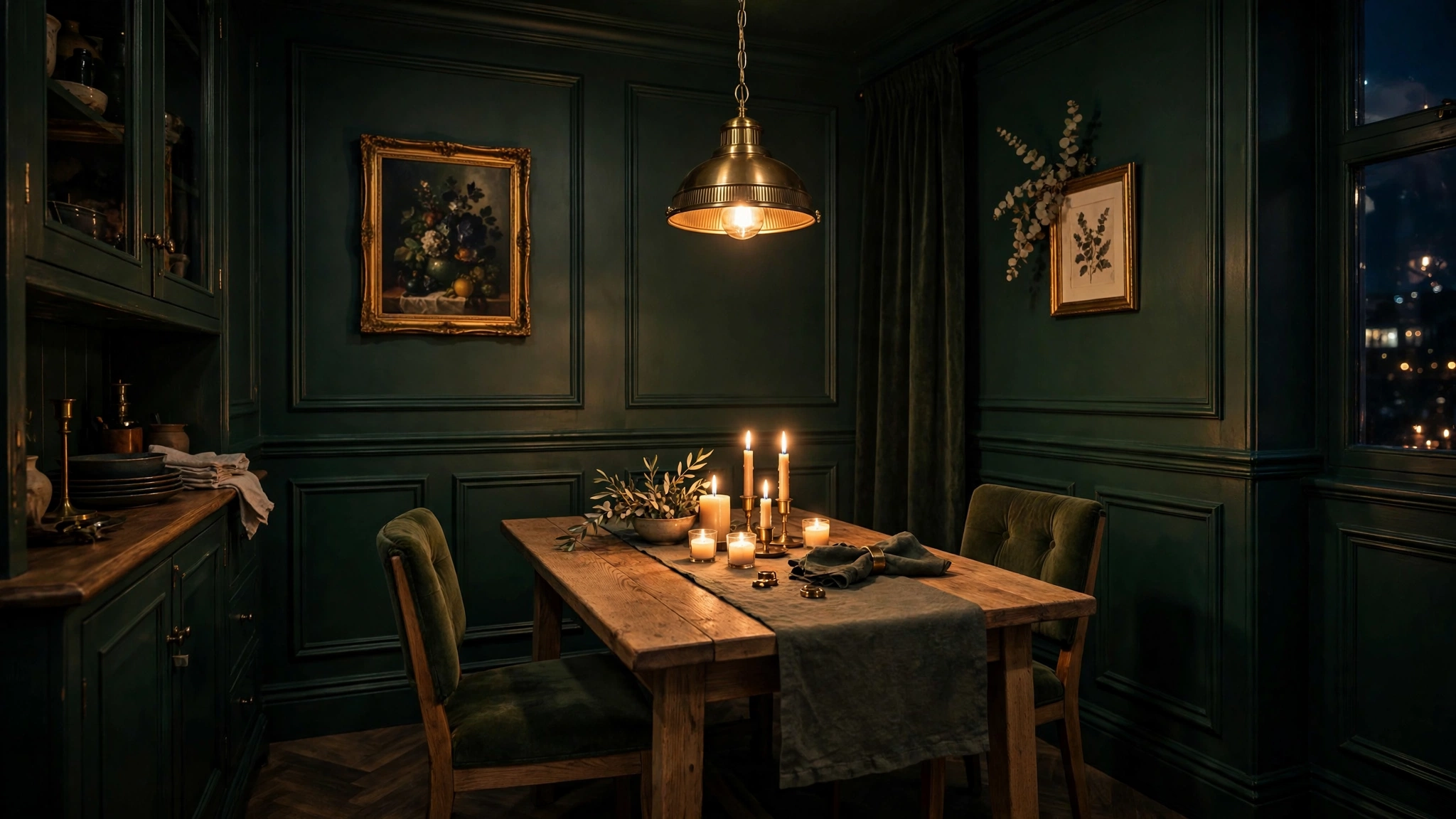 Moody dark green small dining room with brass pendant and wood table