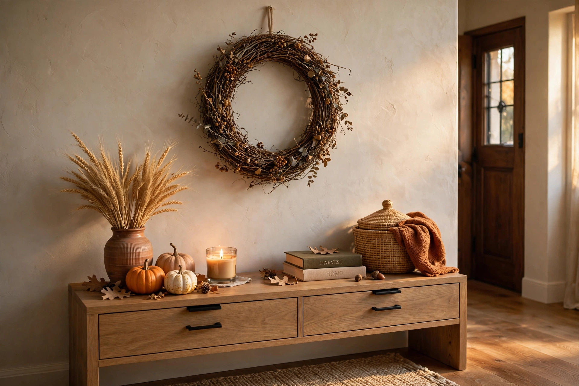 Entryway console styled with seasonal decor, a wreath, pumpkins, and warm autumn accents
