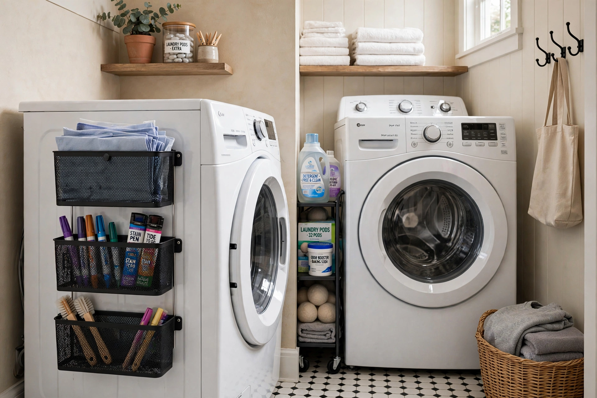 Magnetic storage bins on the side of a washer and a slim rolling cart between machines in a small laundry room