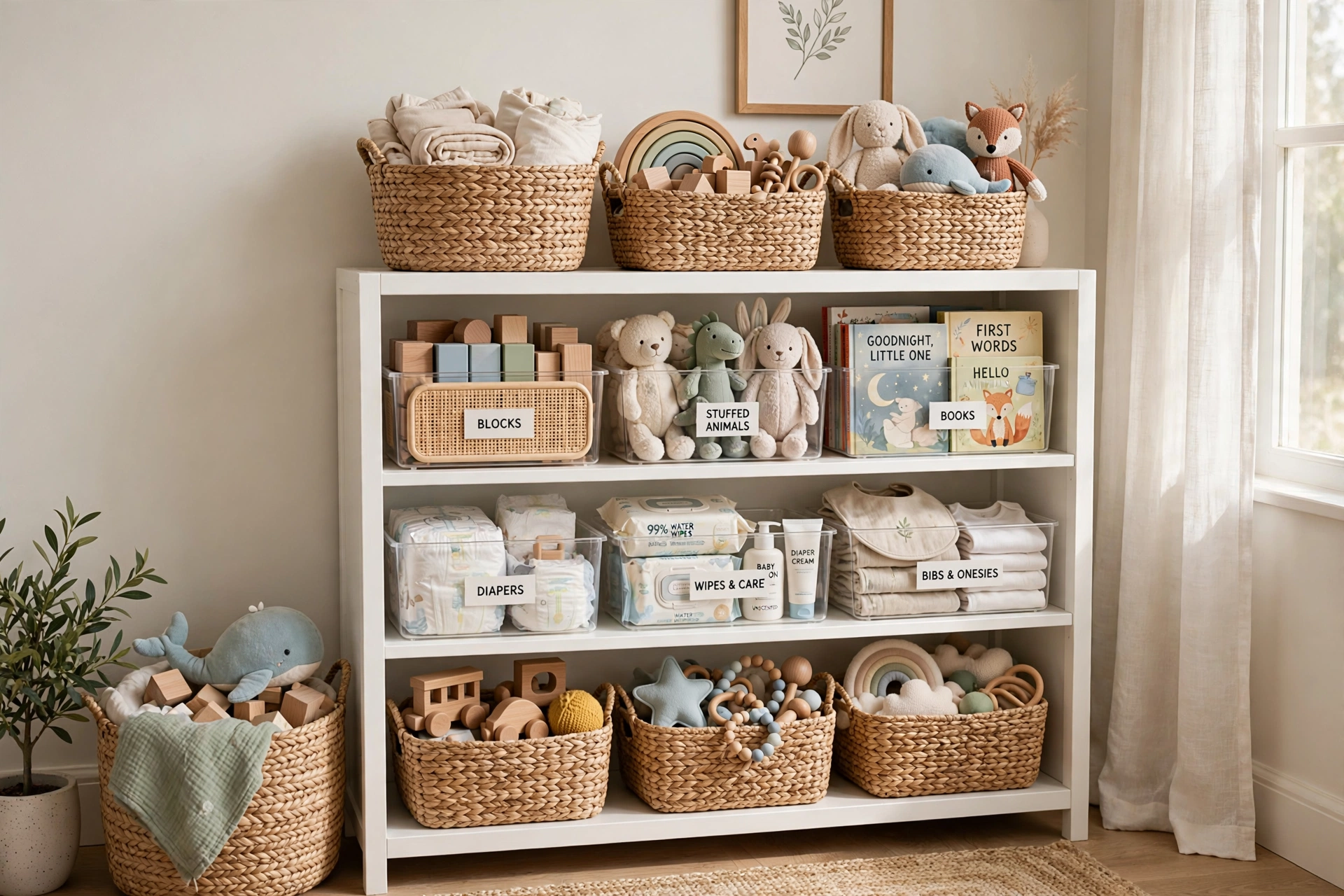 Woven baskets and labeled bins organizing toys and supplies in a nursery