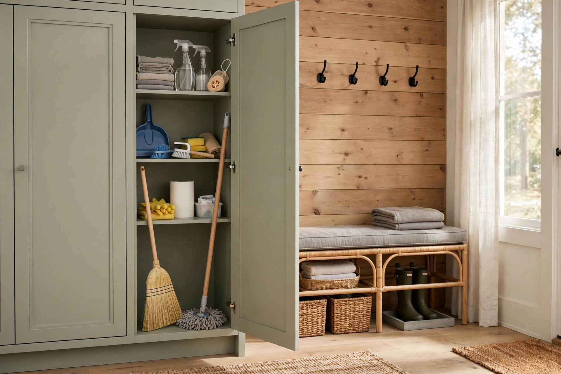 Mudroom design ideas with a dedicated cabinet storing broom, mop and cleaning supplies