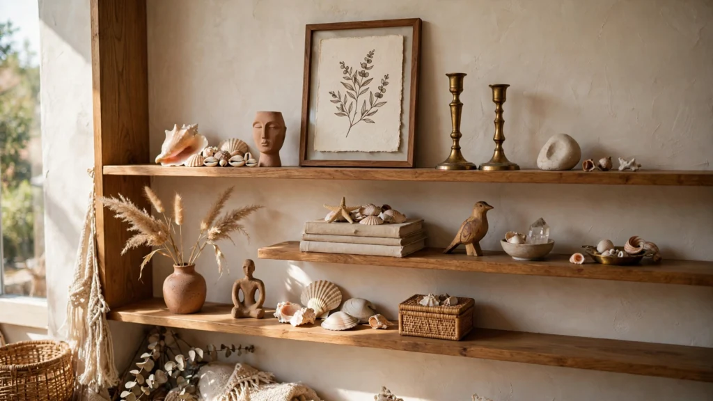 Boho living room design ideas with personal collected objects and meaningful decor