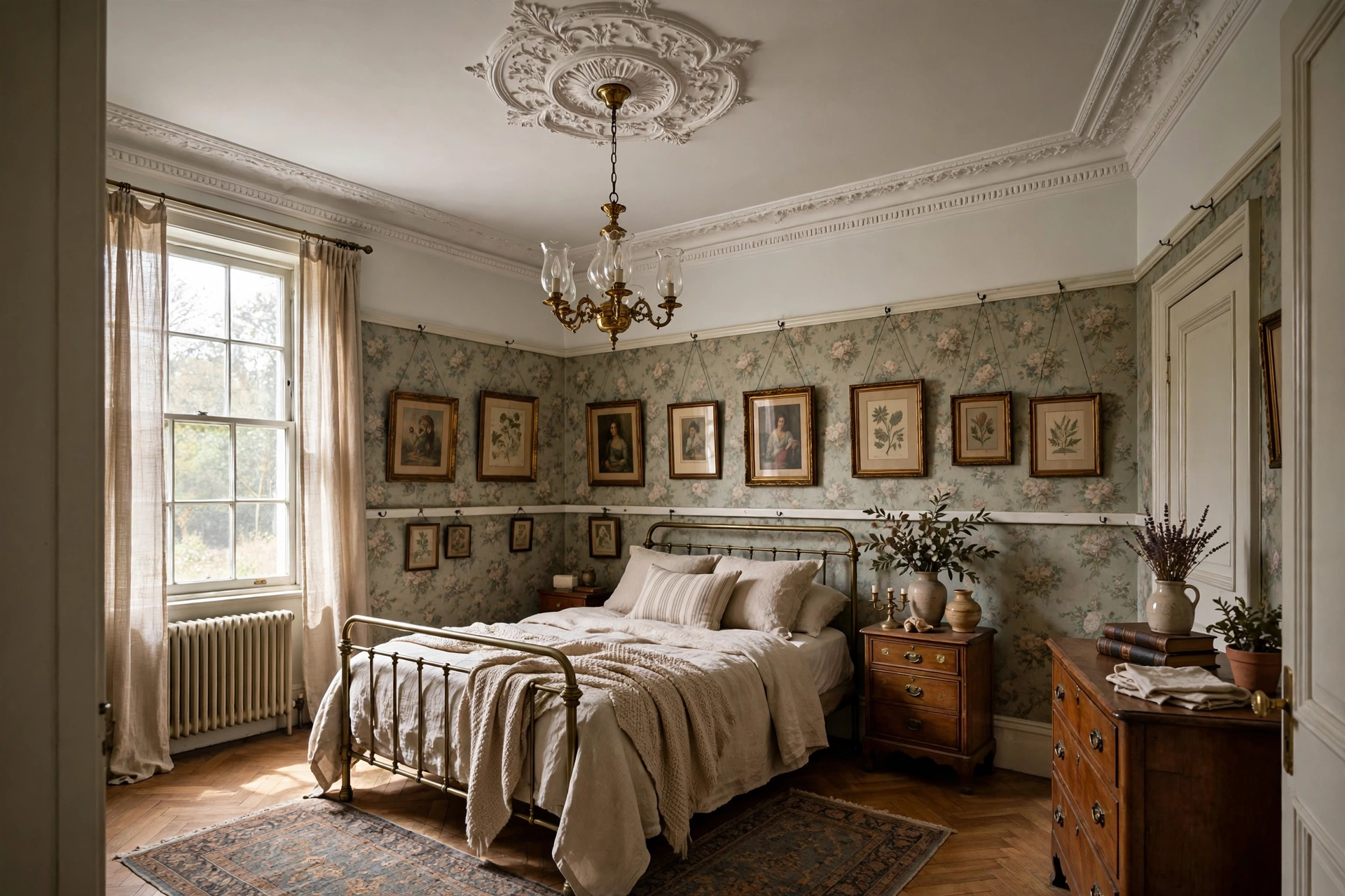 Vintage bedroom design ideas with crown molding, picture rail and ceiling medallion