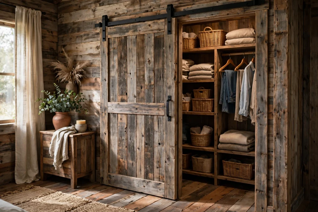 Rustic bedroom design ideas with a sliding barn door on black iron hardware