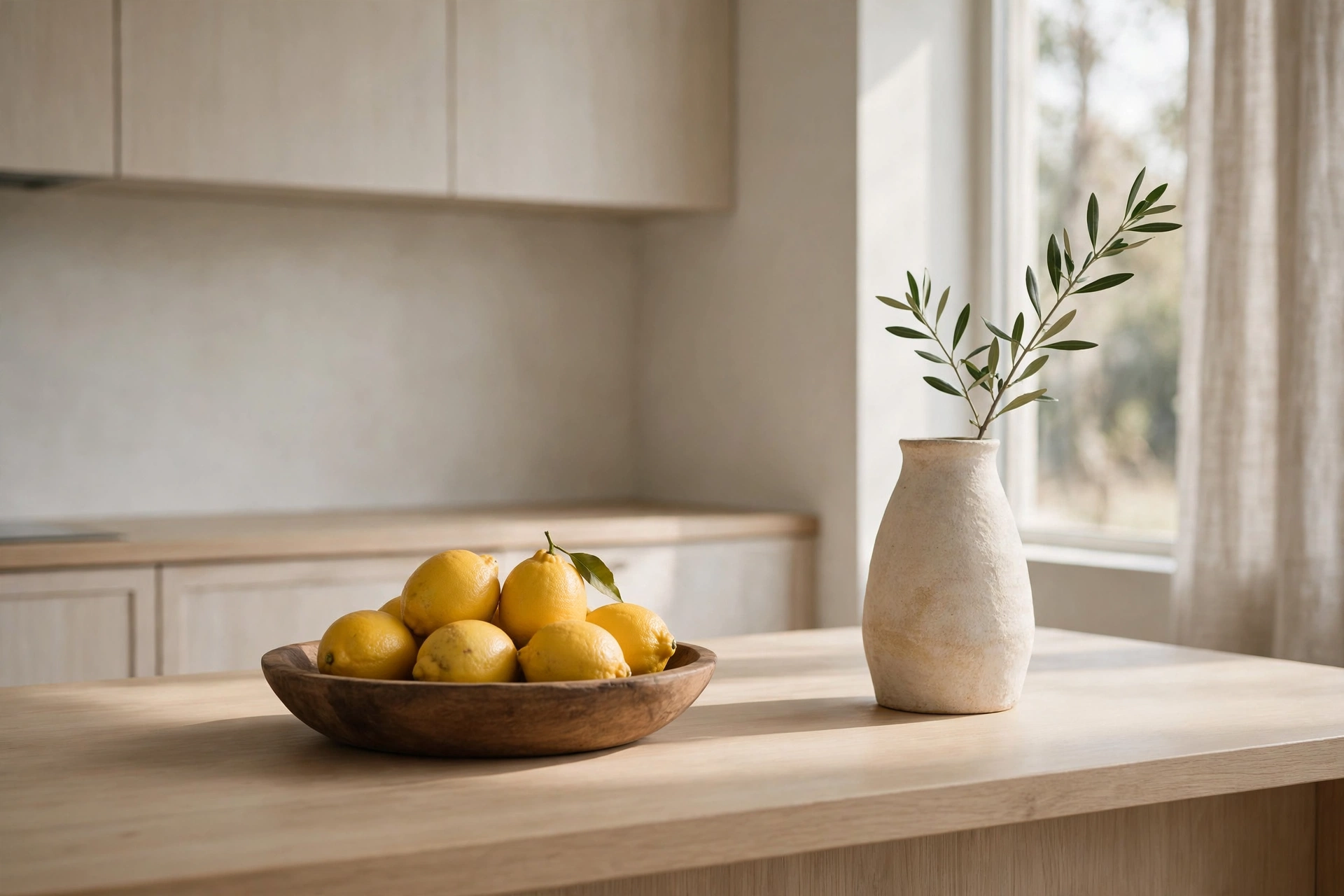 Minimalist kitchen design ideas with a single bowl of fruit and one stem in a vase