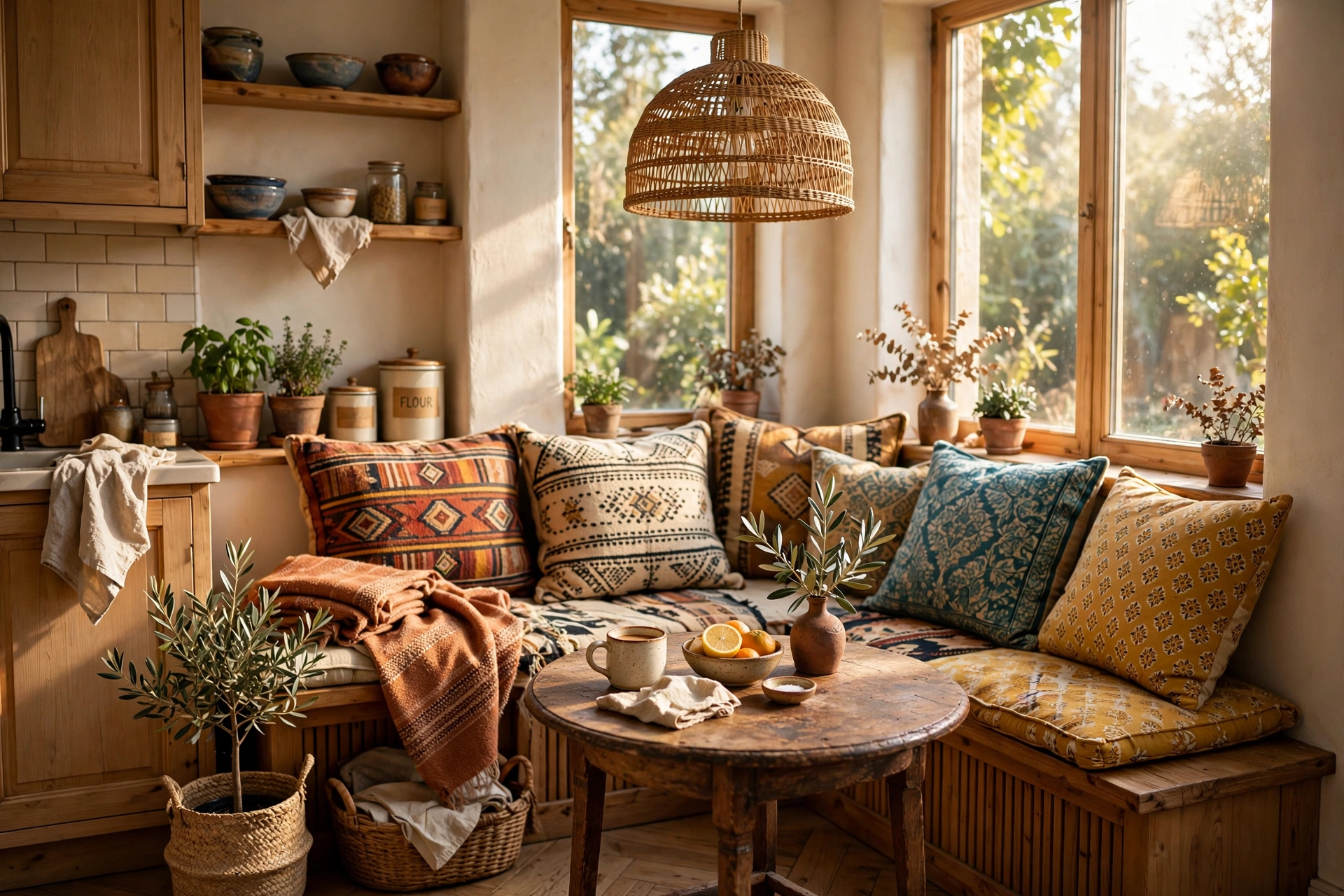 Boho kitchen design ideas with a breakfast nook bench piled with kilim and mudcloth cushions under a woven pendant