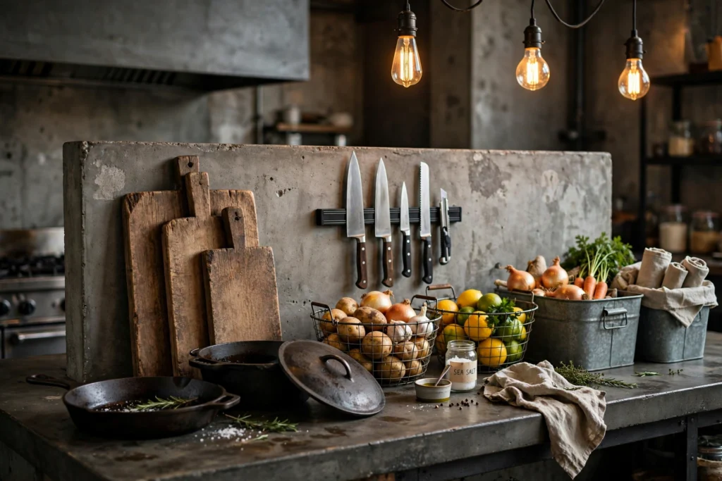 Industrial kitchen design ideas with utilitarian styling — cast iron cookware, wire baskets, galvanized bins and wooden cutting boards