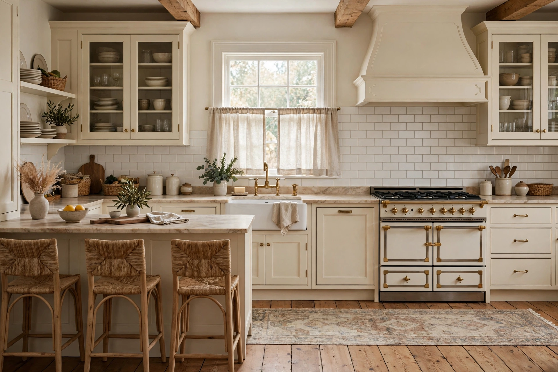 Traditional kitchen design ideas with a layered neutral palette, linen curtains, woven stools and vintage runner