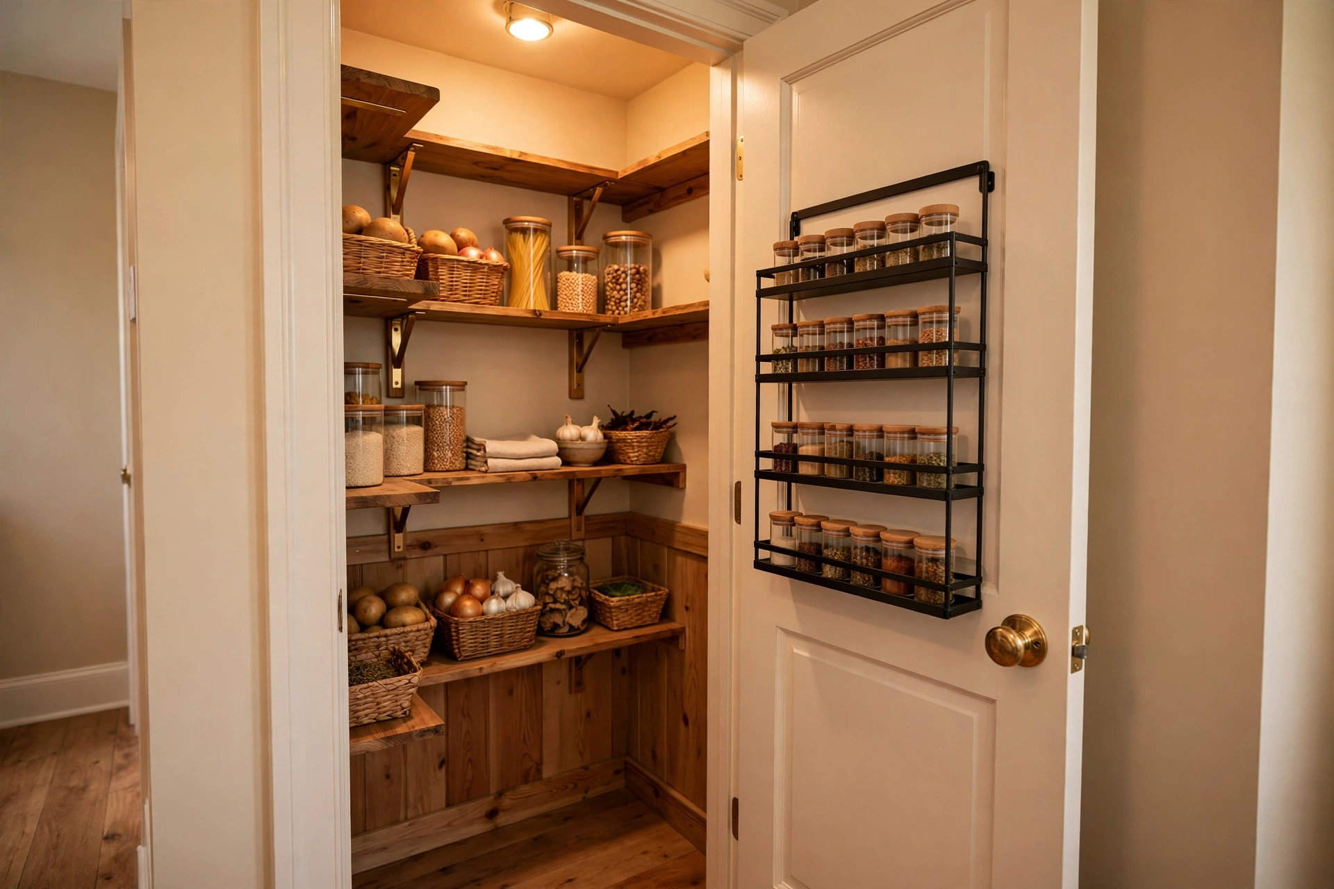 Repurposed closet turned walk-in pantry with adjustable shelves and door rack