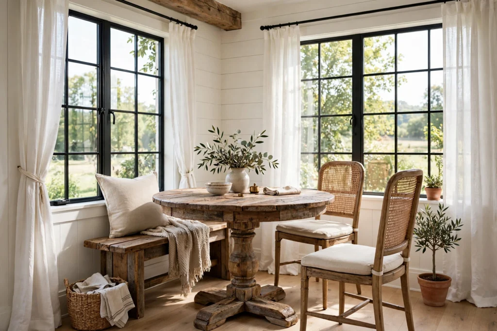 Small farmhouse dining nook with a round reclaimed wood table and bench seating