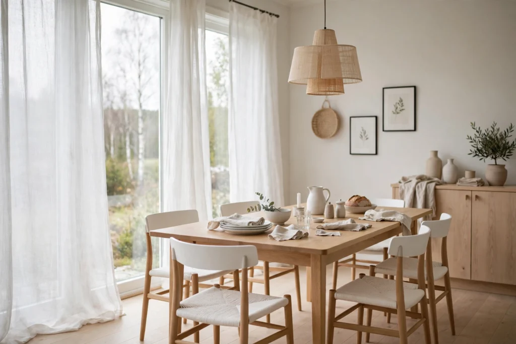 Sheer white linen curtains filtering daylight in a bright Scandinavian dining room