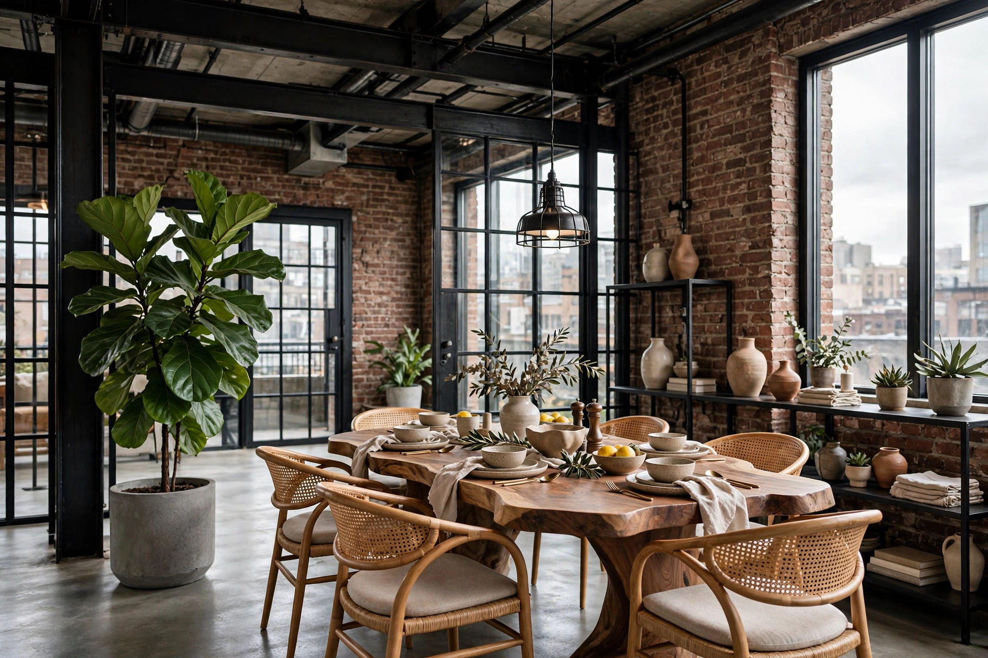 Large green plants softening brick and steel in an industrial dining room