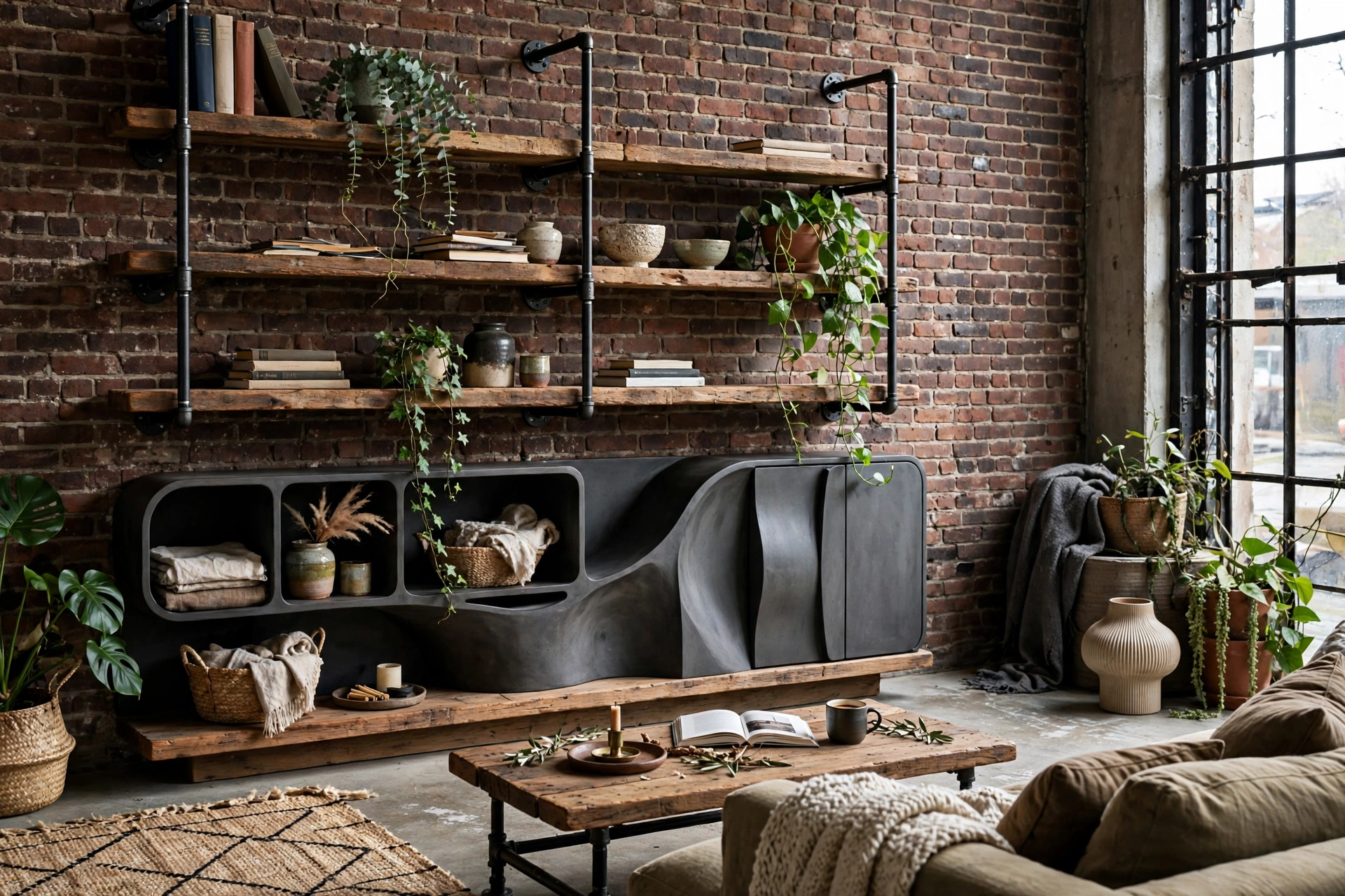 Black iron pipe shelving with wood planks displaying books in an industrial living room