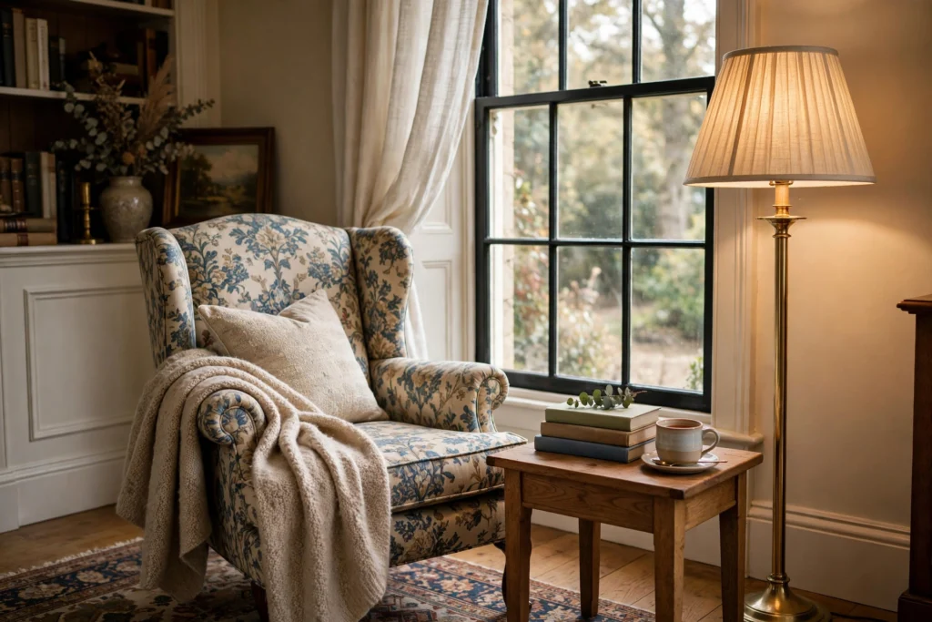 Traditional living room design ideas with a cozy reading corner, wingback chair and floor lamp