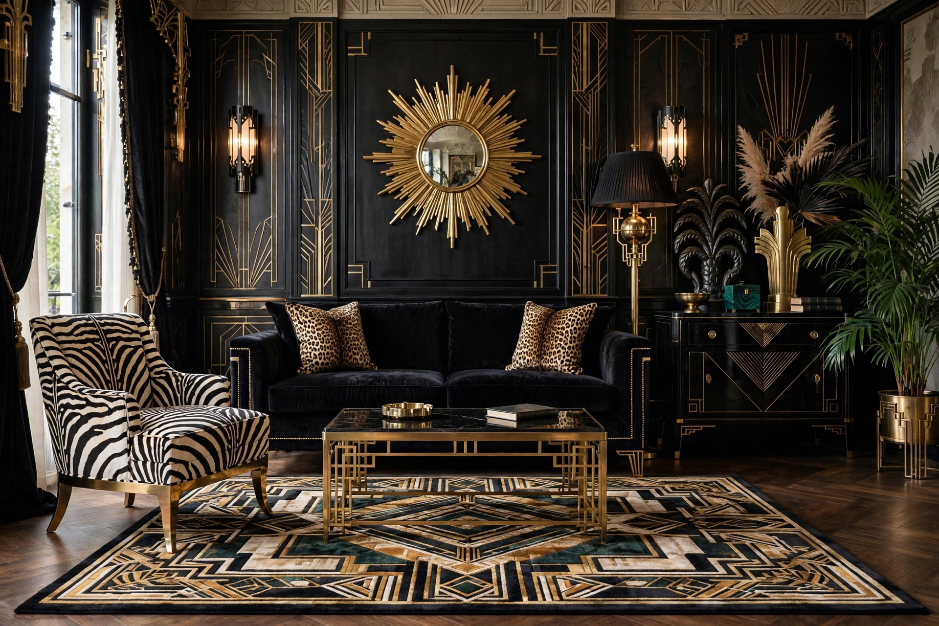 Art deco living room design ideas with a zebra-print accent chair and rich velvet textures