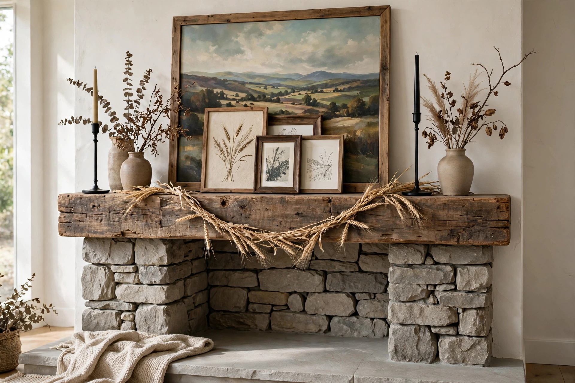 Reclaimed wood mantel styled with layered art, candlesticks and dried branches