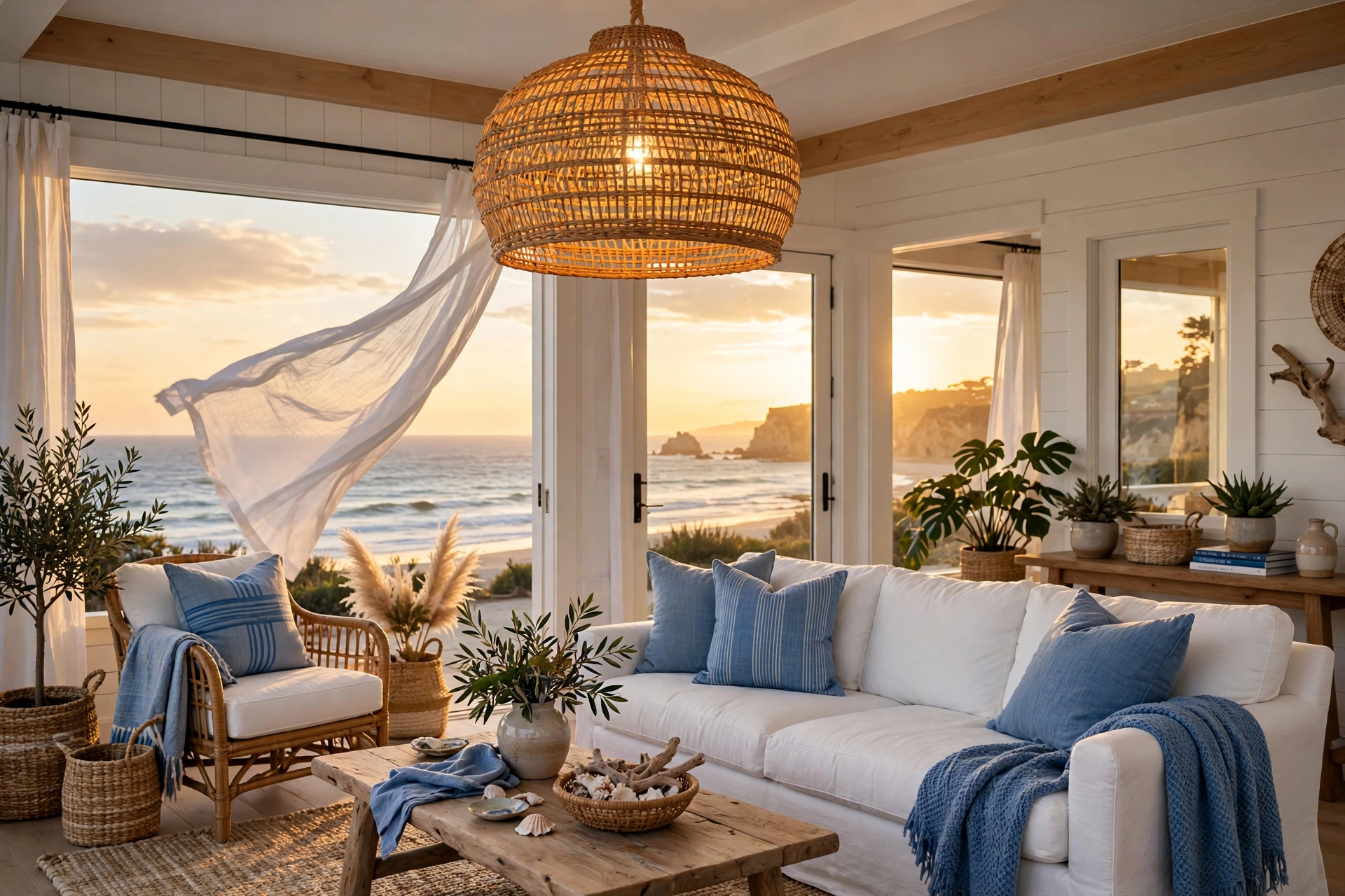 Coastal living room design ideas with a woven rattan pendant light glowing warmly