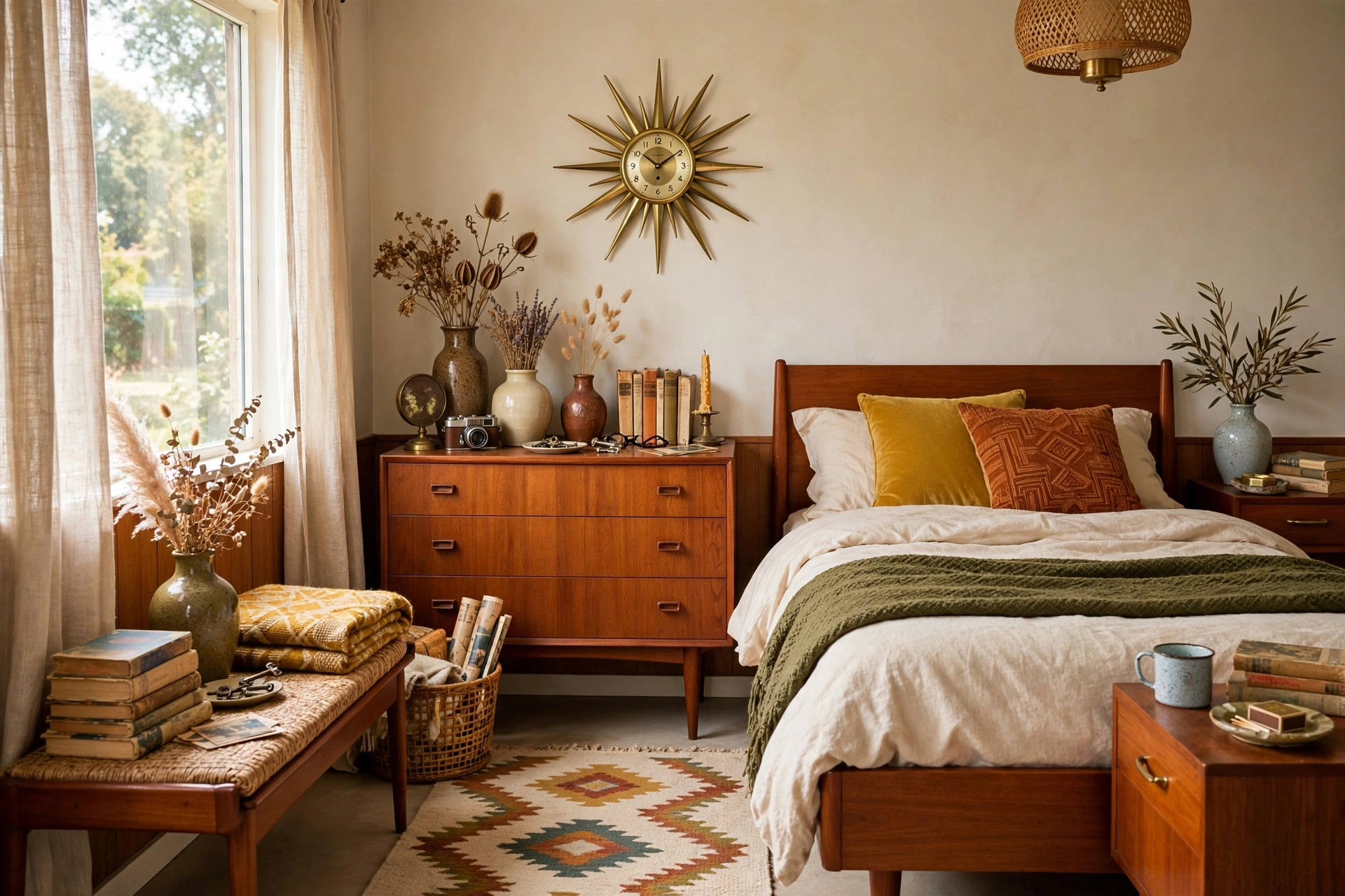 Mid-century modern bedroom styled with thrifted vintage finds, ceramic vases and retro accessories