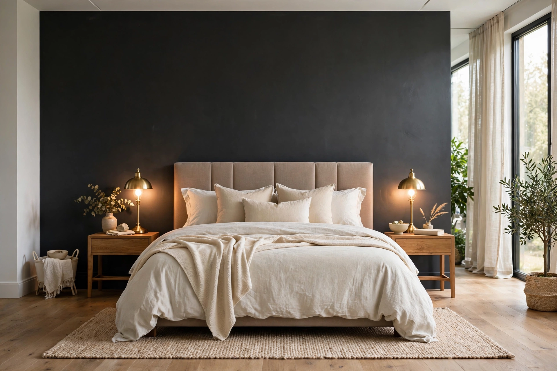 Deep charcoal accent wall behind the bed in a sleek contemporary bedroom
