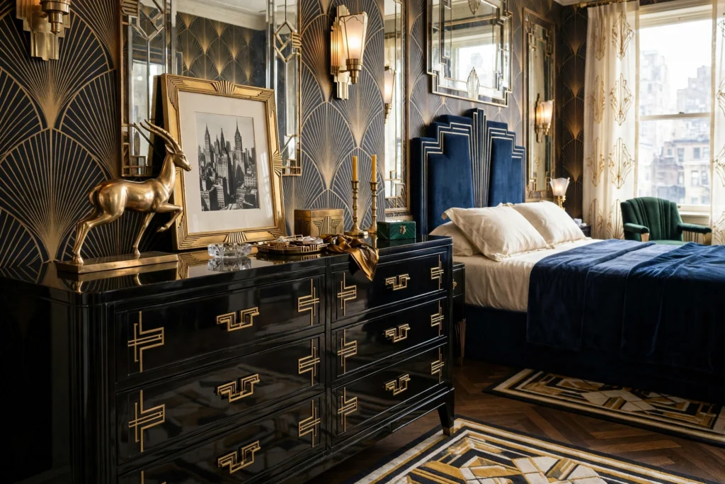 Art deco bedroom design ideas with a brass sculpture and gold-framed art on the dresser