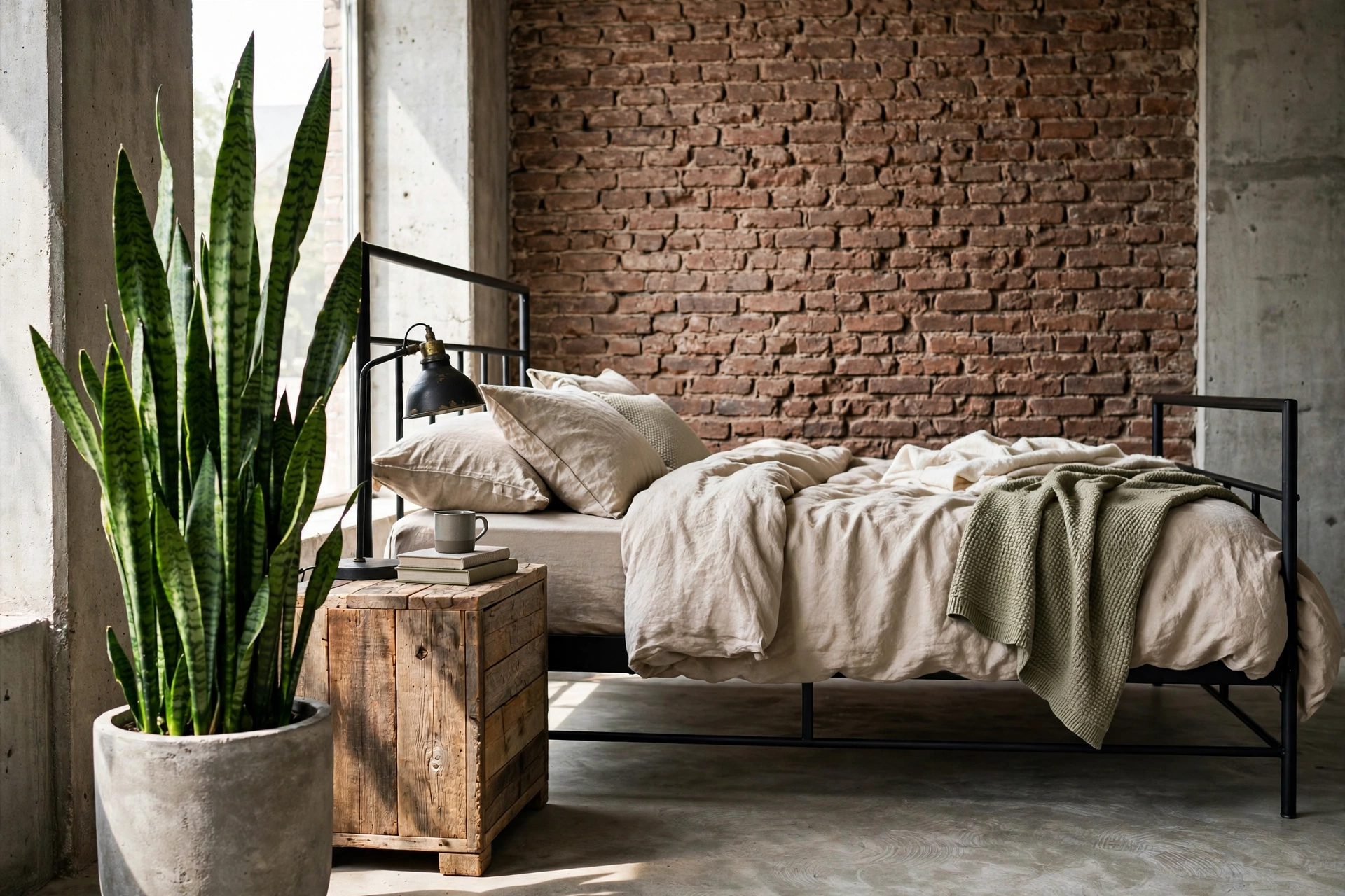 Tall snake plant in a concrete planter softening an industrial brick bedroom