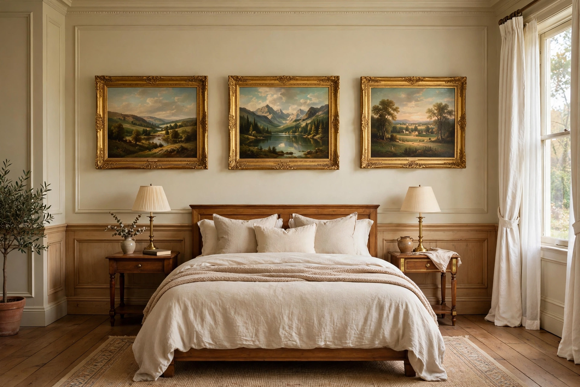 Traditional bedroom design ideas with gilt-framed oil paintings hung symmetrically