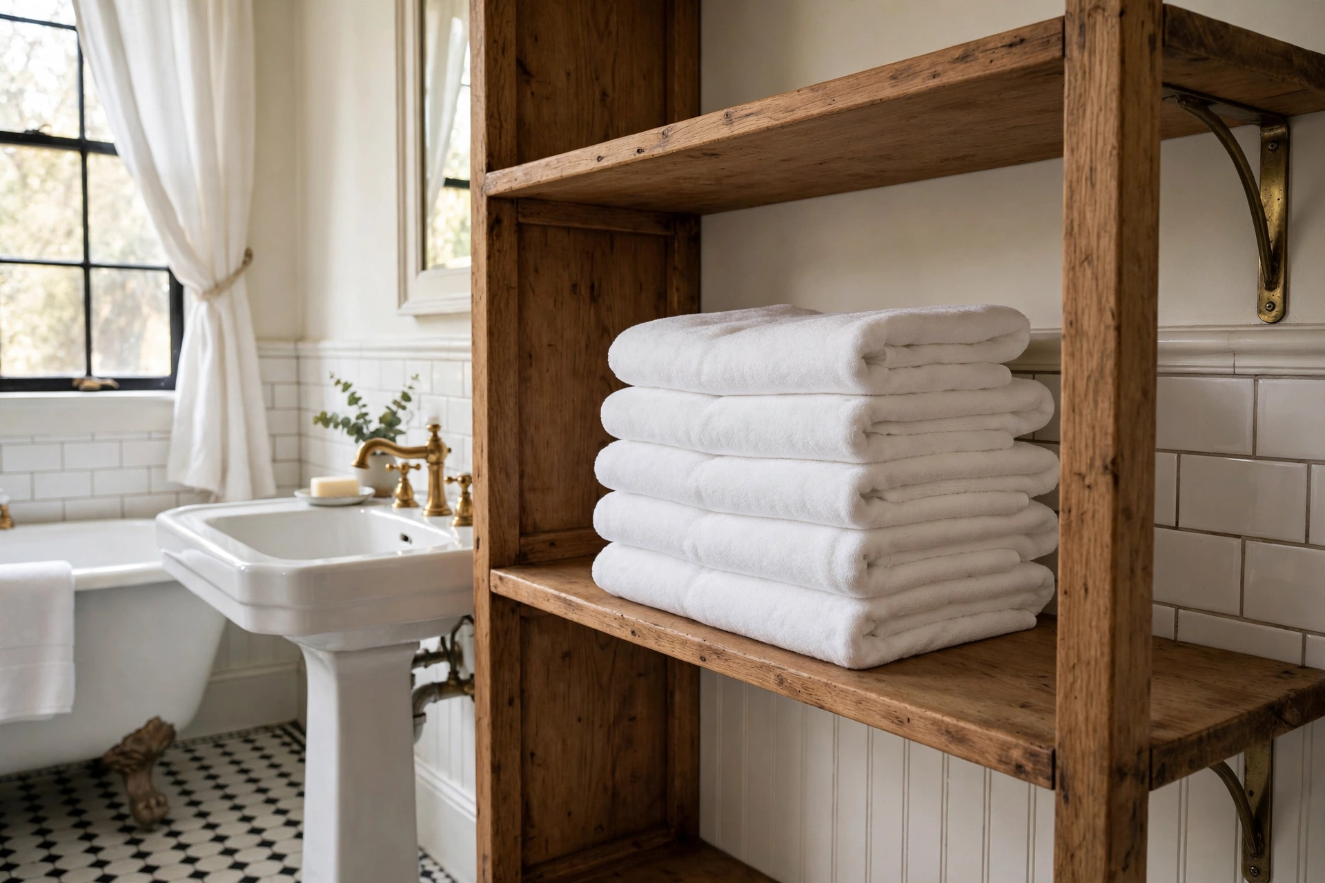 Traditional bathroom with crisp white folded towels and simple classic linens