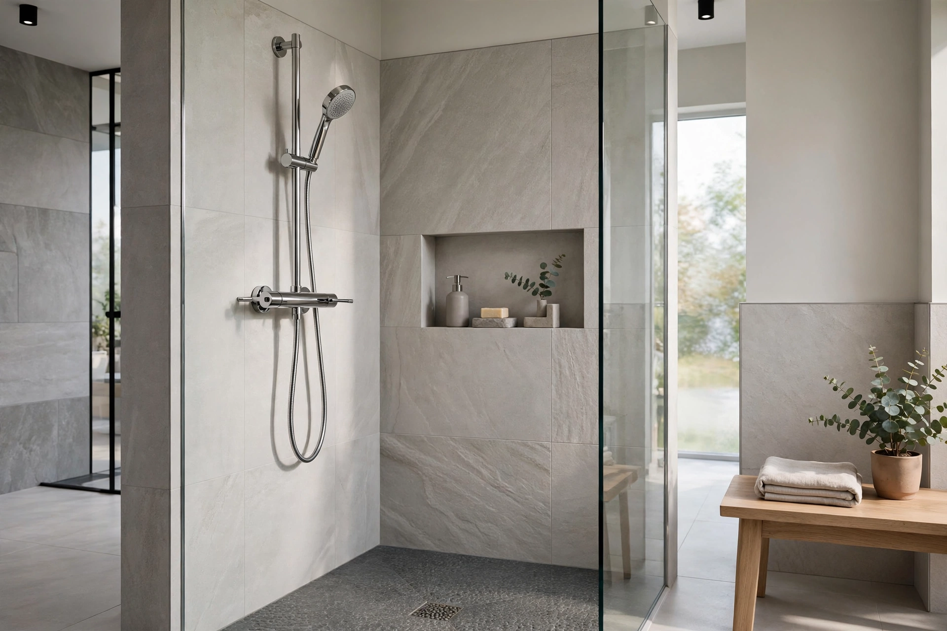 Handheld shower wand on a slide bar in a modern walk-in shower