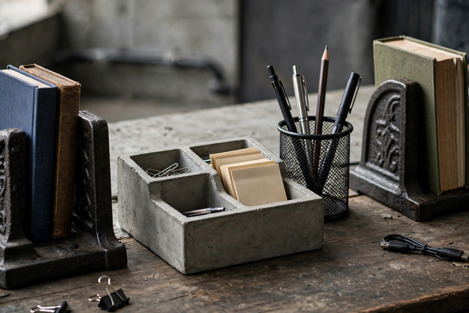 Industrial desk styled with concrete organizers, metal pen cup and iron bookends