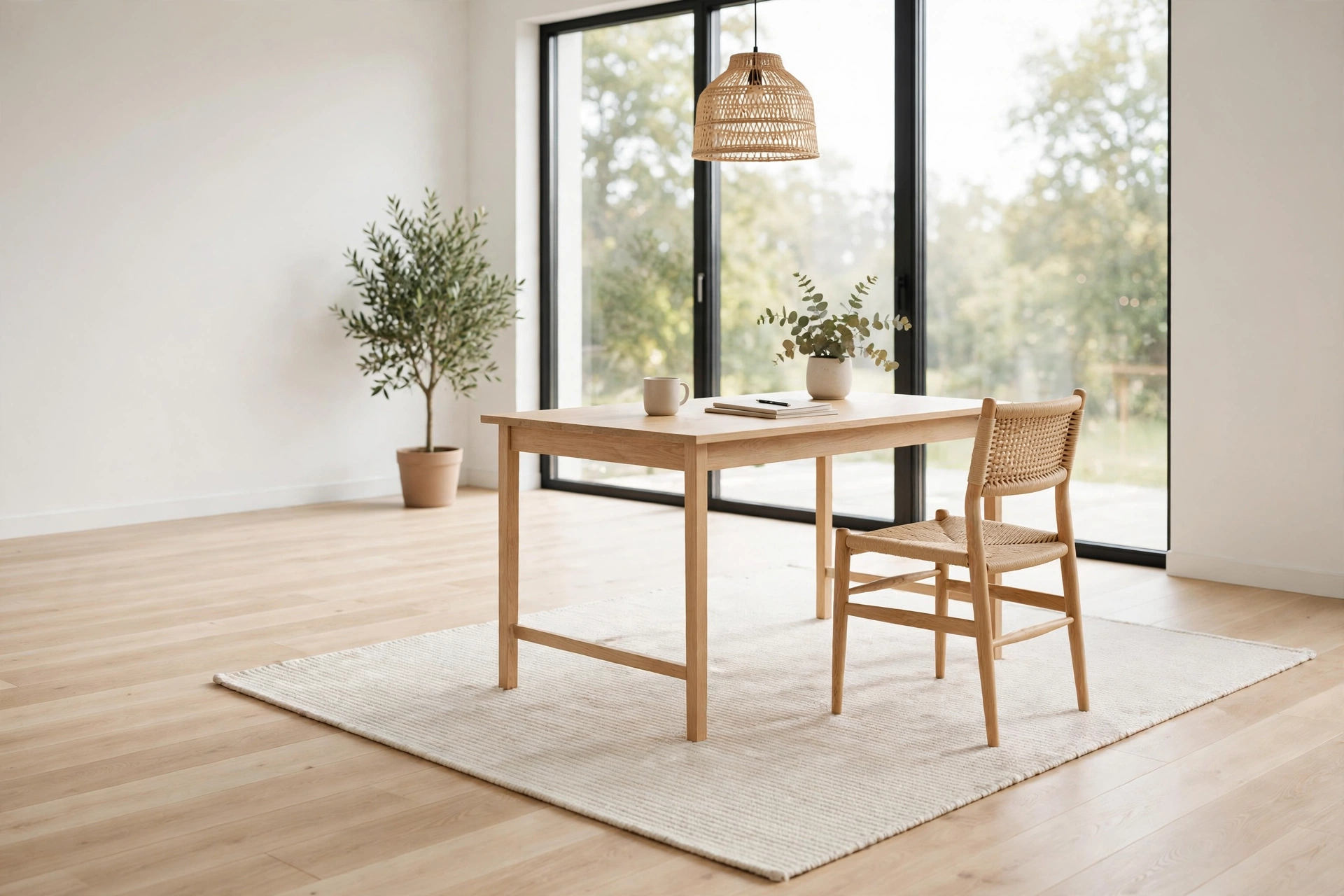 Pale wood floor with large ivory flat-weave rug anchoring a light oak desk and chair