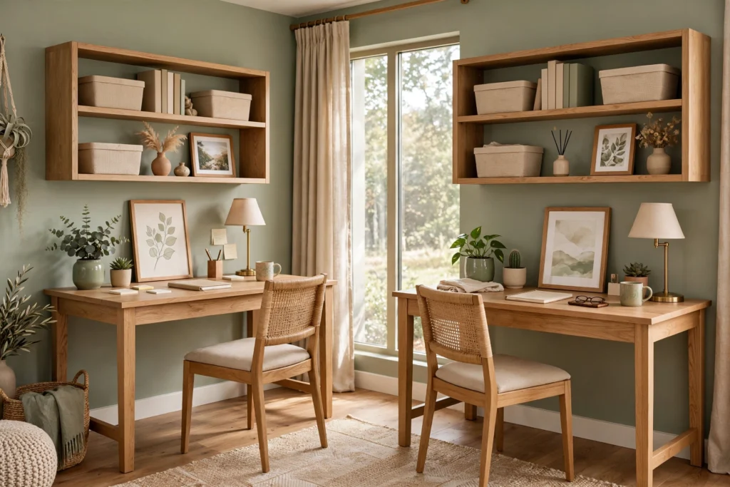 Harmonized shared home office with matching desks and coordinated decor