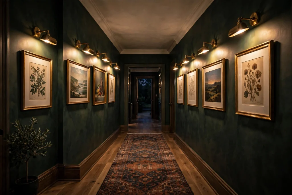 Brass picture lights illuminating framed artwork on a hallway gallery wall