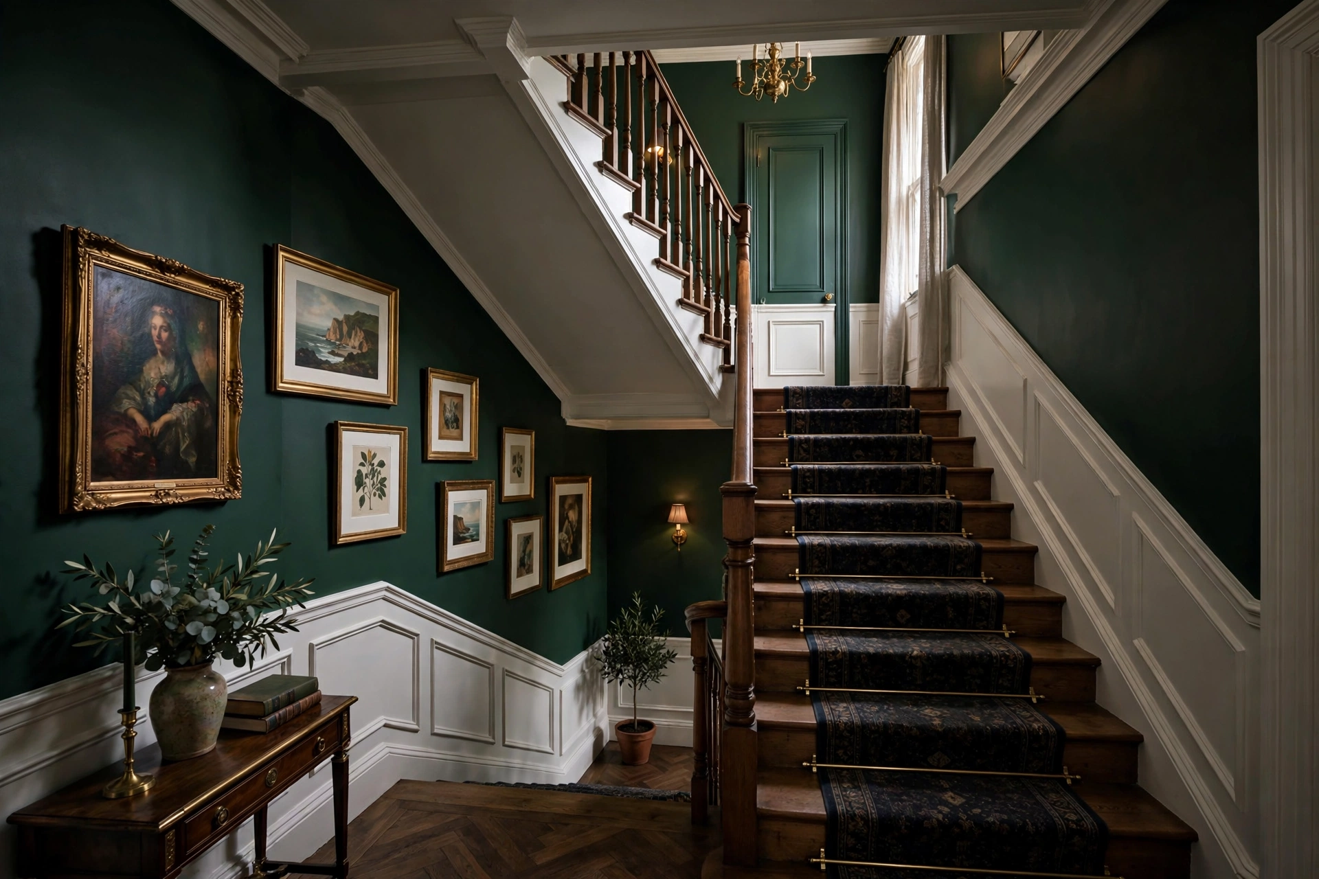 Stairwell walls painted deep forest green with white trim and framed art creating a moody accent
