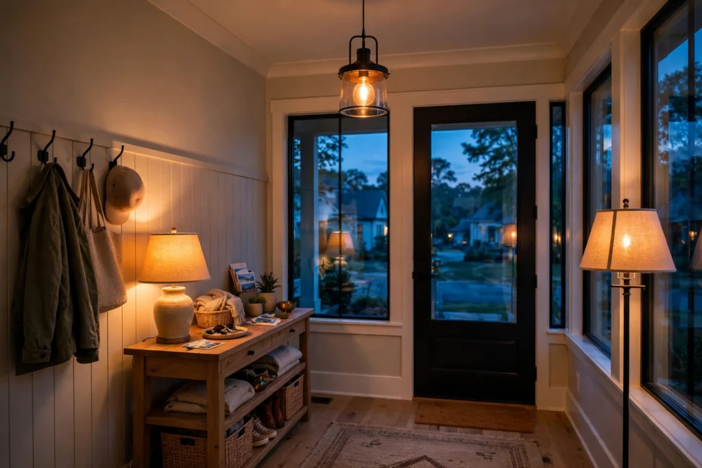 Entryway lighting ideas with smart bulbs glowing warmly as evening falls in the foyer