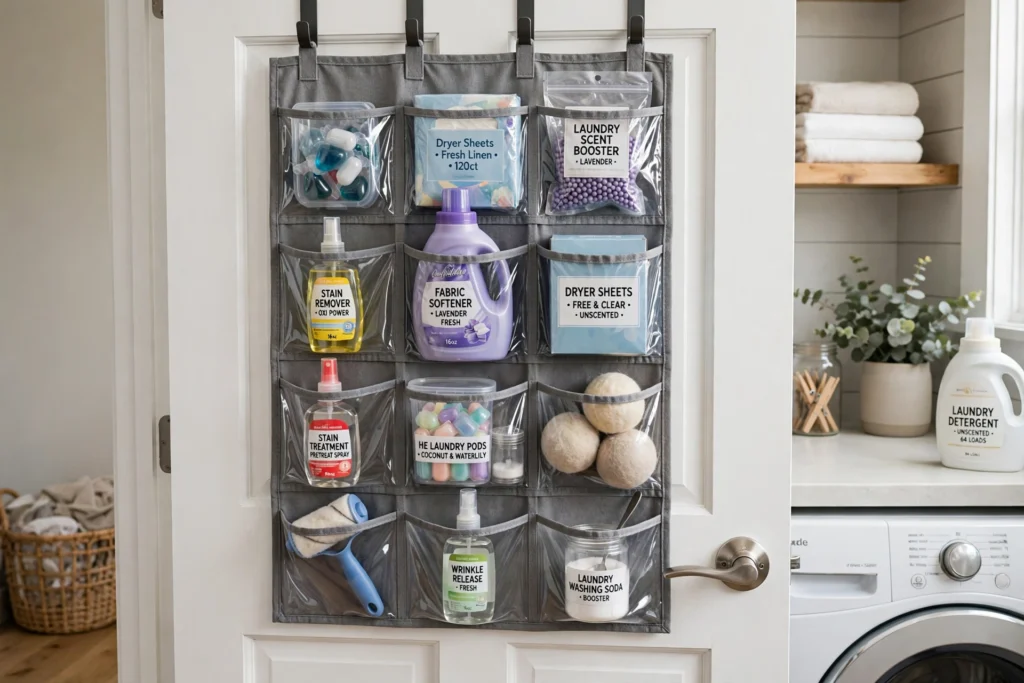 Over-the-door organizer with clear pockets holding laundry supplies on a laundry room door