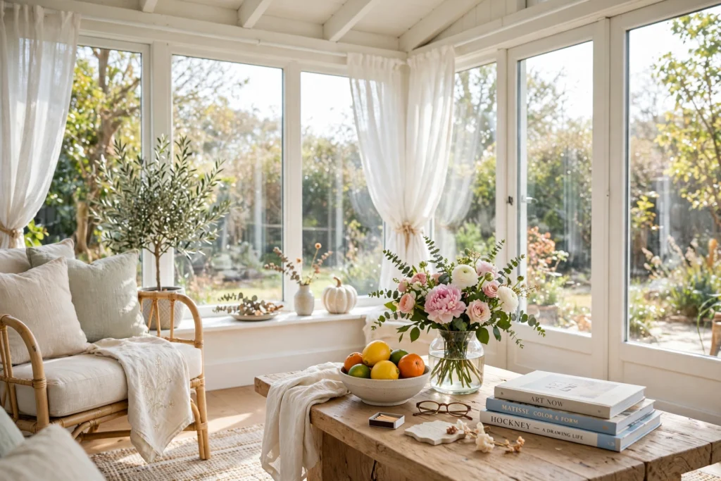 Sunroom with light seasonal decor, fresh flowers, citrus bowl and art books