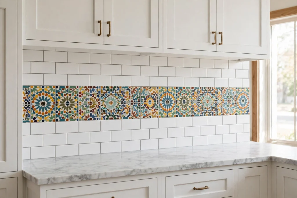 Kitchen backsplash ideas with a patterned tile accent strip running through white subway tile.