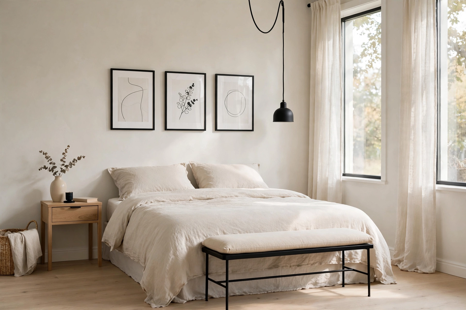 Matte black pendant cord, frames and bench legs accenting a pale neutral bedroom