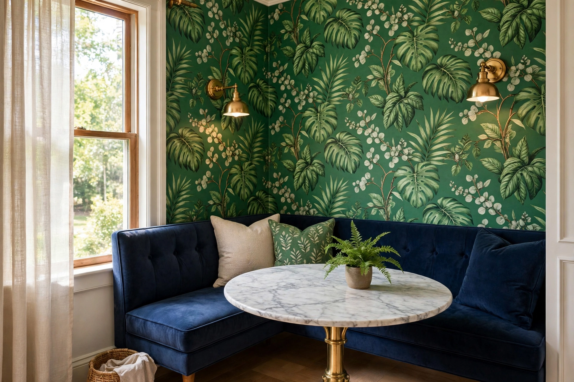 Breakfast nook ideas with bold botanical wallpaper behind a cozy banquette nook.