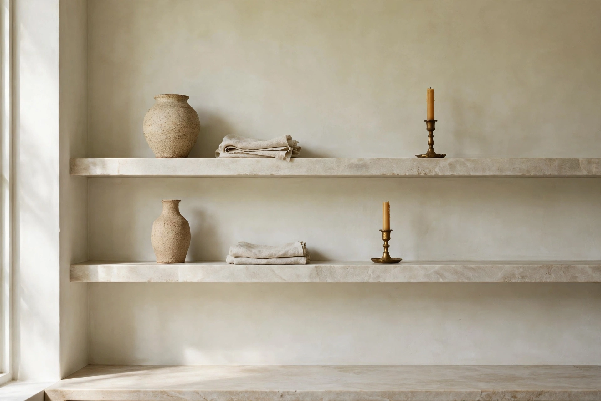 Open kitchen shelving ideas with minimalist styling of a few sculptural objects per shelf.