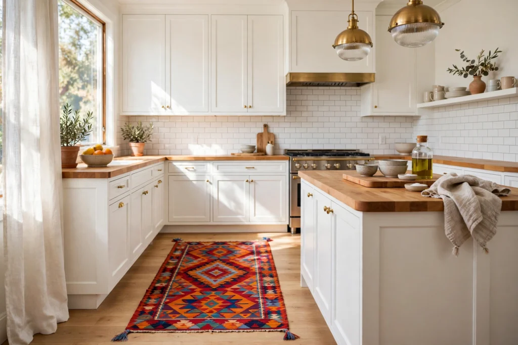 Kitchen rug ideas with a colorful kilim runner adding pattern to a white kitchen.