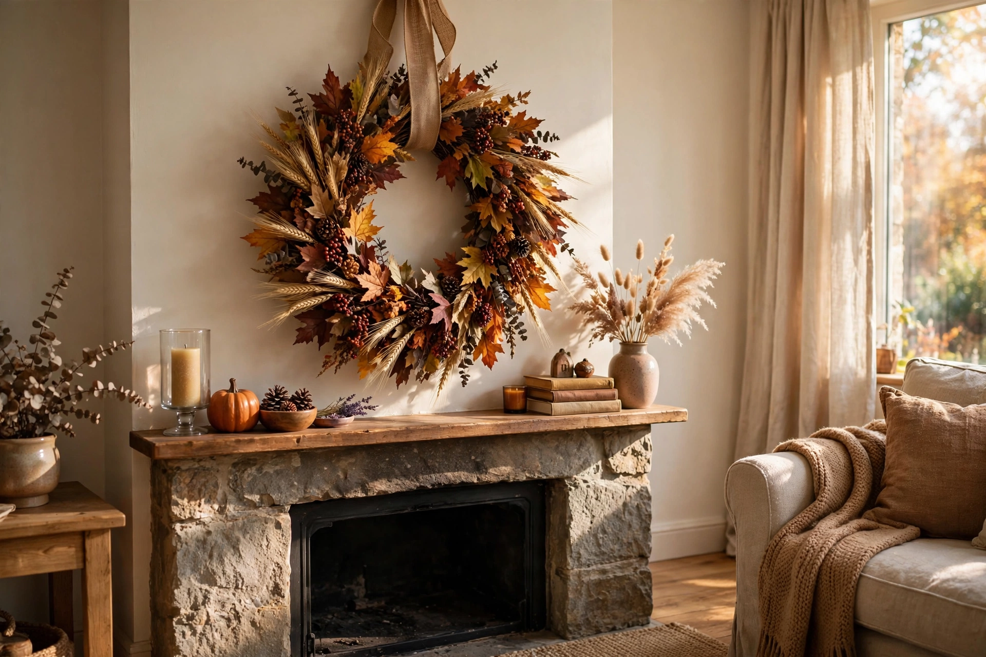 Fireplace mantel decor ideas with a seasonal fall wreath hung above the mantel.
