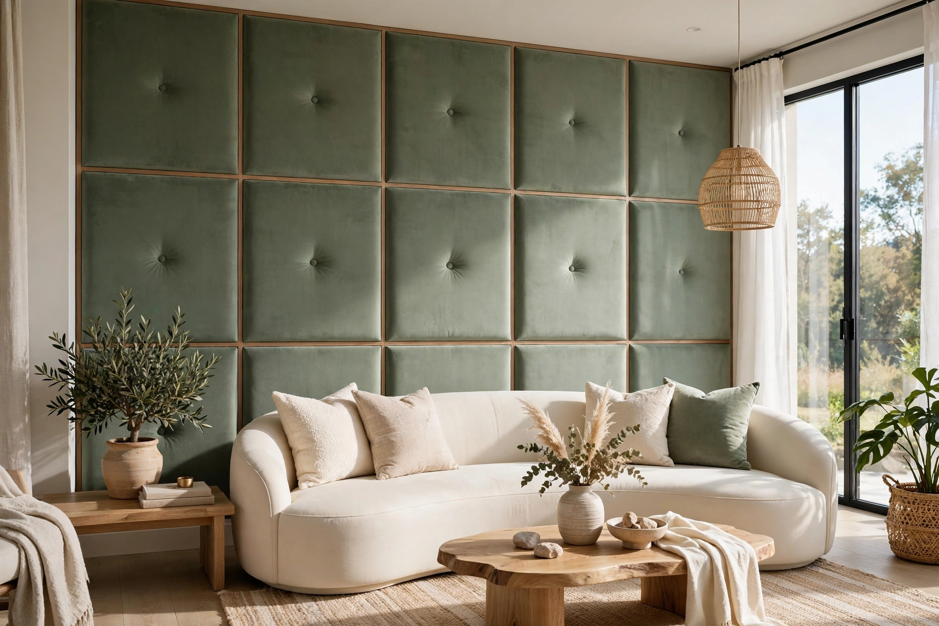 Living room accent wall ideas showing velvet upholstered wall panels in sage green behind a curved sofa.