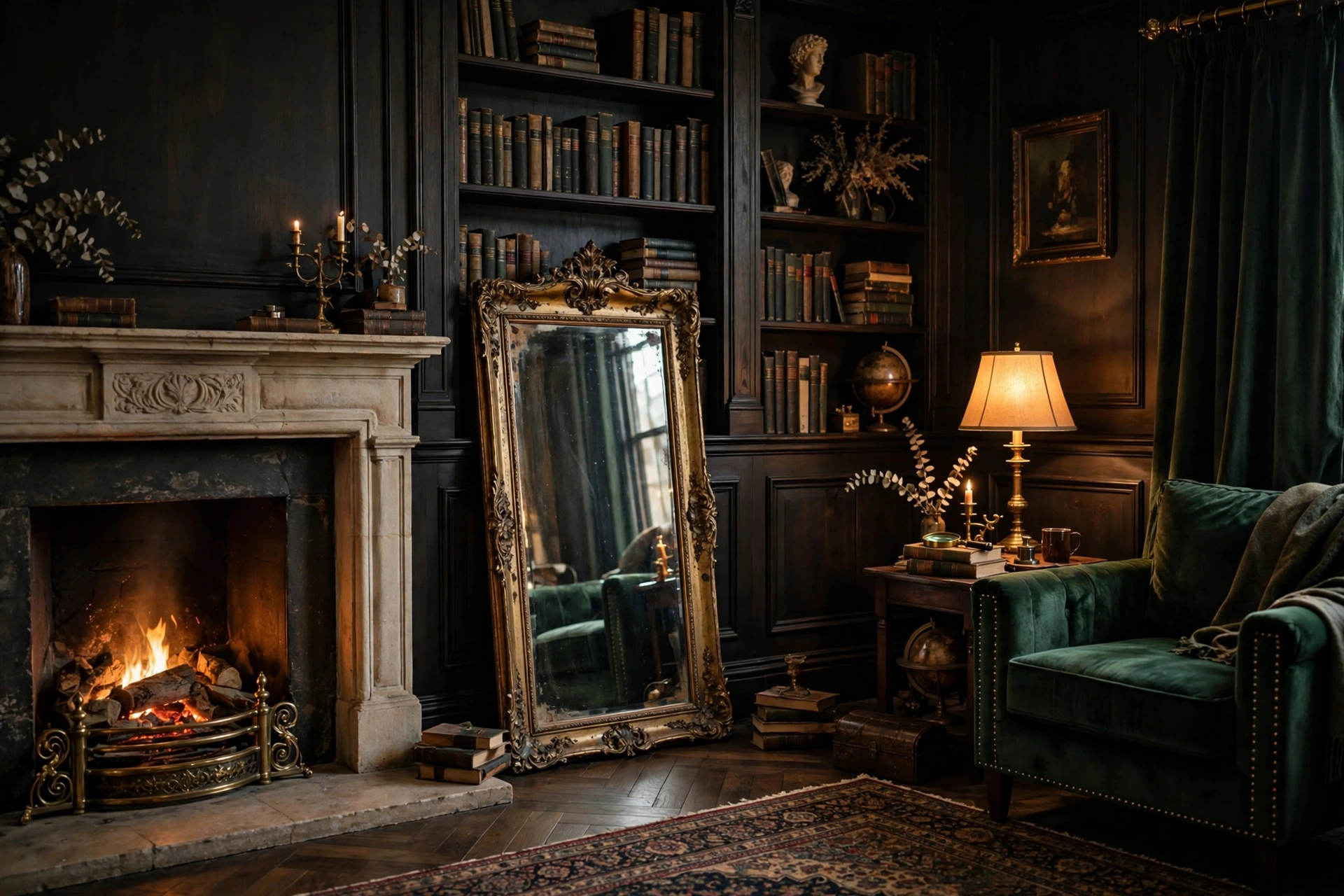 Dark academia living room with a large ornate aged-gold mirror leaning against the wall beside the fireplace.