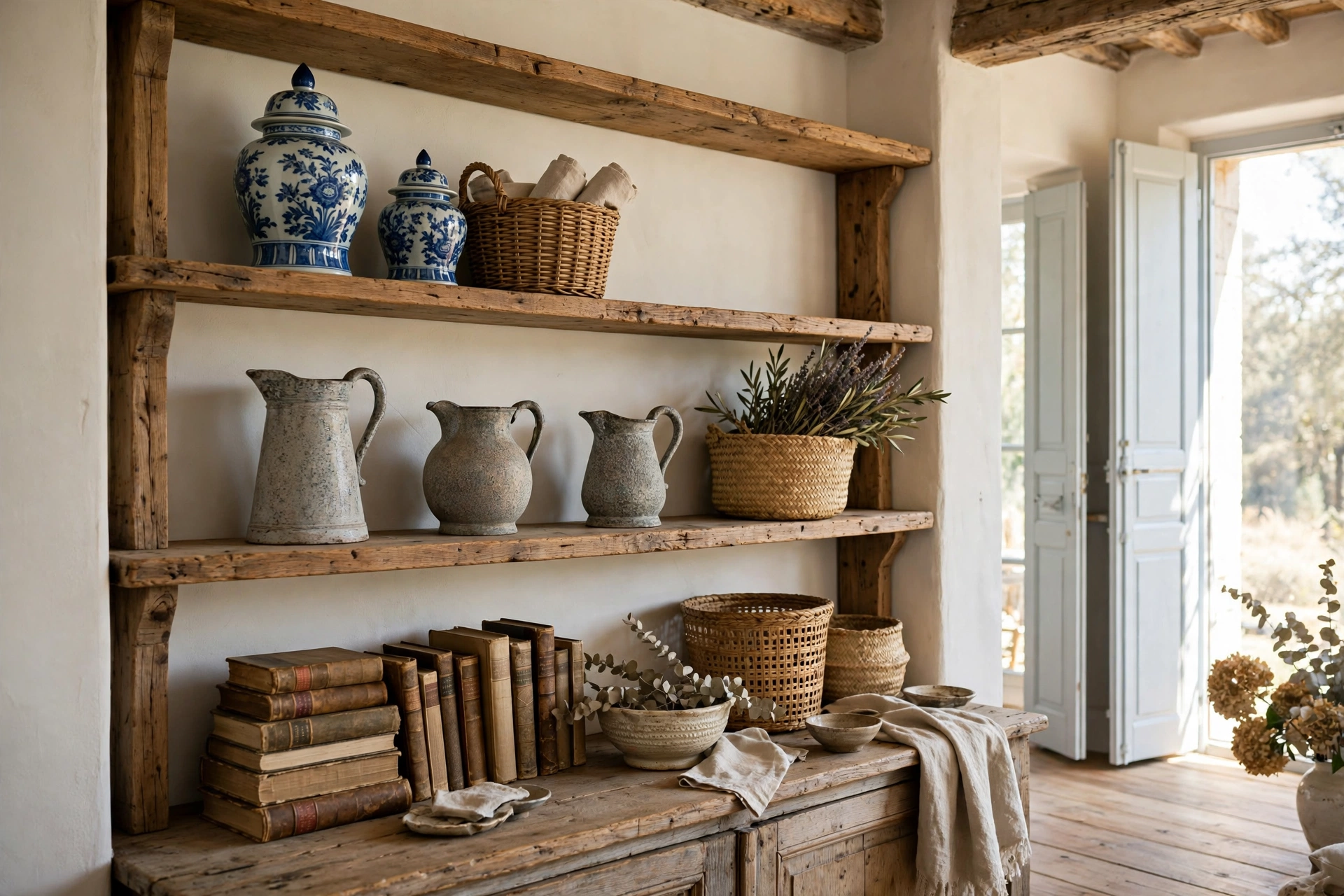 French country living room shelves styled with ginger jars, woven baskets, ironstone pitchers, and old books.