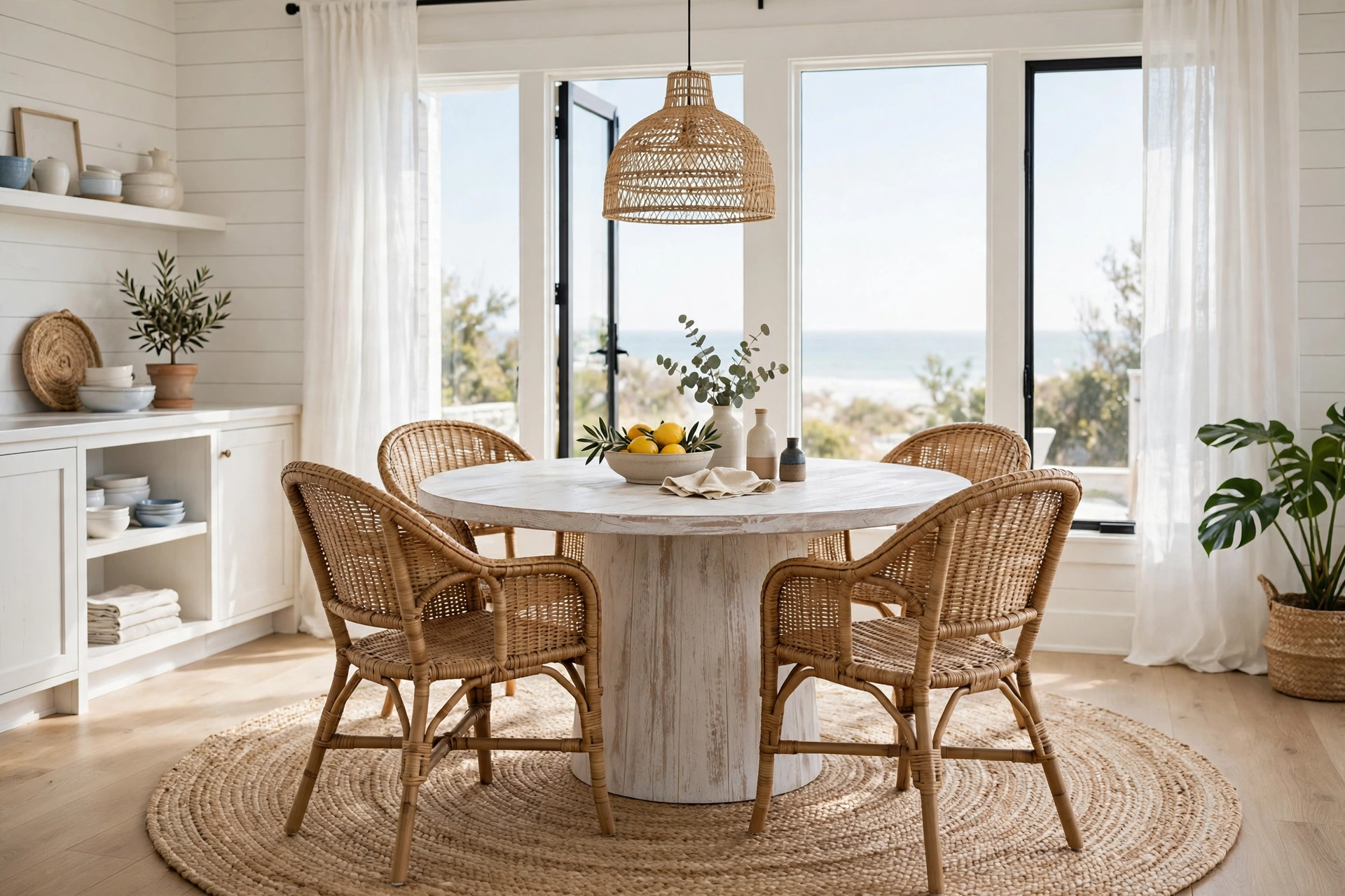 Coastal dining room ideas with a round whitewashed dining table and four woven chairs on a round jute rug.